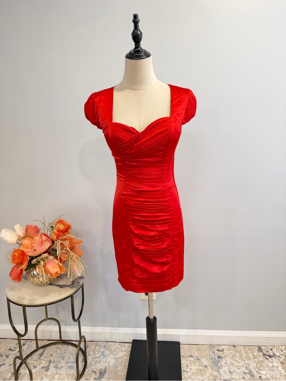 Guess Rustic Corel - Red Ruched Pleated Sweetheart Neck Bodycon Mini Dress Size6